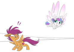Size: 1280x912 | Tagged: safe, artist:ponygoggles, character:princess flurry heart, character:scootaloo, species:pegasus, species:pony, spoiler:s06, cutie mark, duo, flurry heart vs scootaloo, flying, scootaloo can't fly, simple background, the cmc's cutie marks, white background, wing envy