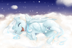 Size: 3000x2000 | Tagged: safe, artist:chiweee, oc, oc only, oc:snowdrop, species:pegasus, species:pony, belly button, cloud, cute, eyes closed, happy, horses doing horse things, laughing, ocbetes, rolling, snow, snowbetes, snowfall, solo, underhoof, weapons-grade cute