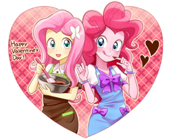 Size: 1570x1275 | Tagged: safe, artist:ryuu, character:fluttershy, character:pinkie pie, my little pony:equestria girls, apron, bow tie, bowl, chocolate, clothing, cute, diapinkes, food, heart, mixing bowl, valentine's day
