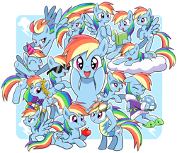Size: 2650x2300 | Tagged: safe, artist:ryuu, character:rainbow dash, character:tank, species:pegasus, species:pony, adorable face, adorkable, apple, backwards cutie mark, bathrobe, bedroom eyes, best pony, blushing, book, clothing, cloud, crying, cute, dashabetes, dashstorm, dork, dress, eating, eyes closed, facial expressions, female, flying, food, frown, gala dress, happy, hat, hnnng, looking at you, mare, multeity, party hat, prone, puffy cheeks, rainbow dash always dresses in style, rainbow dash day, reading, robe, sad, salute, sleeping, smiling, smirk, squishy cheeks, starry eyes, sunglasses, tank slippers, weapons-grade cute, wingding eyes, wonderbolts uniform