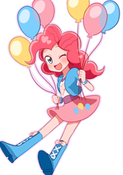 Size: 800x1136 | Tagged: safe, artist:ryuu, character:pinkie pie, my little pony:equestria girls, balloon, blushing, boots, clothing, cute, diapinkes, featured on derpibooru, female, floating, high heel boots, looking at you, one eye closed, open mouth, pixiv, simple background, skirt, smiling, solo, then watch her balloons lift her up to the sky, white background, wink