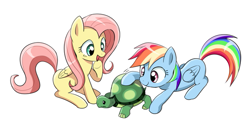 Size: 599x317 | Tagged: safe, artist:ryuu, character:fluttershy, character:rainbow dash, character:tank, species:pegasus, species:pony, cute, female, hnnng, mare, open mouth, pixiv, prone, simple background, smiling, white background