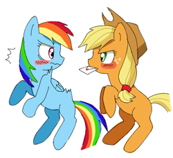 Size: 489x447 | Tagged: safe, artist:ryuu, character:applejack, character:rainbow dash, species:pony, ship:appledash, applejack's hat, bipedal, blush sticker, blushing, clothing, cowboy hat, female, freckles, hat, lesbian, looking at each other, love letter, mare, missing cutie mark, mouth hold, pixiv, shipping, simple background, tsunderainbow, tsundere, tsunjack, white background