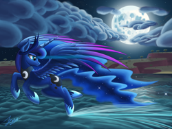 Size: 4000x3000 | Tagged: safe, artist:duskie-06, character:princess luna, species:alicorn, species:pony, absurd resolution, blue eyes, cloud, crown, ethereal mane, eyelashes, female, flying, hoof shoes, horn, jewelry, looking back, moon, night, ocean, regalia, signature, solo, sparkles, spread wings, stars, tree, water, wings