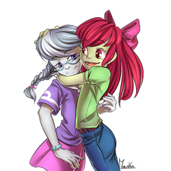 Size: 800x800 | Tagged: safe, artist:moenkin, character:apple bloom, character:silver spoon, ship:applespoon, my little pony:equestria girls, adorabloom, cute, duo, duo female, female, hand on head, hug, silverbetes, simple background, transparent background