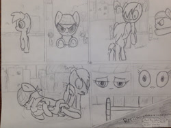 Size: 1280x960 | Tagged: safe, artist:mranthony2, oc, oc only, oc:koma, comic:koma in a coma, bandana, cancer (disease), comic, dialogue, leaping, manehattan, monochrome, saving a life, street, this will end in pain, traditional art, underhoof, wagon, wagon wheel