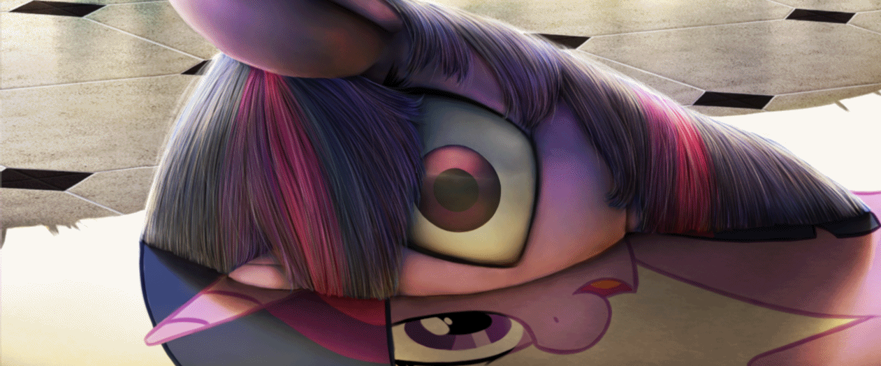 Size: 1261x524 | Tagged: safe, artist:chryseum, artist:equum_amici, character:twilight sparkle, species:pony, species:unicorn, animated, cinemagraph, eye shimmer, female, fourth wall, looking at you, mare, mind screw, nightmare fuel, on side, open mouth, realistic, smiling, solo, surreal, uncanny valley, what has magic done, wide eyes