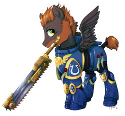 Size: 917x848 | Tagged: safe, artist:c-puff, oc, oc only, species:pony, armor, chainsword, male, mouth hold, power armor, powered exoskeleton, purity seal, solo, space marine, stallion, ultramarine, warhammer (game), warhammer 40k