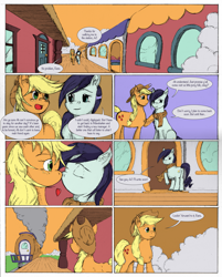 Size: 1331x1658 | Tagged: safe, artist:dreamingnoctis, character:applejack, character:coloratura, ship:rarajack, episode:the mane attraction, g4, my little pony: friendship is magic, alternate ending, clothing, comic, female, heart, kissing, lesbian, rara, scarf, shipping, train, train station
