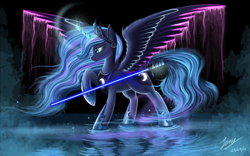 Size: 4000x2500 | Tagged: safe, artist:duskie-06, character:princess luna, crossover, female, flowing mane, glowing wings, lightsaber, magic, solo, star wars, weapon