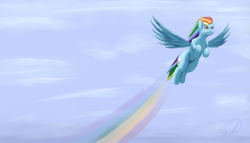 Size: 3333x1903 | Tagged: safe, artist:fauzart, character:rainbow dash, female, flying, solo, wallpaper