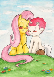 Size: 1632x2336 | Tagged: safe, artist:souleatersaku90, character:fluttershy, species:pony, colt, colt cuddler, crossover, crossover shipping, female, male, mare, shipping, straight, traditional art, unico, watercolor painting