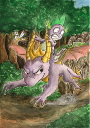 Size: 1640x2315 | Tagged: safe, artist:souleatersaku90, character:spike, crossover, dragons riding dragons, everfree forest, sparx, spyro the dragon, timber wolf, traditional art, watercolor painting