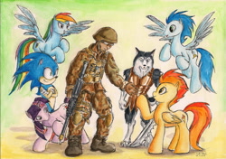 Size: 2312x1629 | Tagged: safe, artist:souleatersaku90, character:rainbow dash, character:soarin', character:sonic the hedgehog, character:spitfire, character:twilight sparkle, oc, oc:fox trot, self insert, species:anthro, species:human, species:pony, anthro with ponies, commission, crossover, soldier, sonic the hedgehog (series), traditional art, watercolor painting