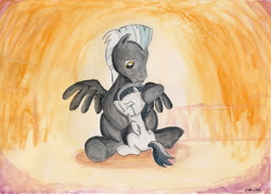 Size: 2306x1647 | Tagged: safe, artist:souleatersaku90, character:rumble, character:thunderlane, species:pegasus, species:pony, brothers, colt, comforting, commission, crying, duo, fanfic, fanfic art, hug, male, sitting, stallion, the simple life, traditional art, underhoof, watercolor painting