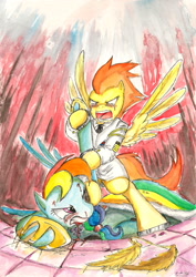 Size: 1639x2318 | Tagged: safe, artist:souleatersaku90, character:rainbow dash, character:spitfire, abuse, blood, commission, dashabuse, fanfic, fanfic art, fight, the simple life, traditional art, violence, watercolor painting