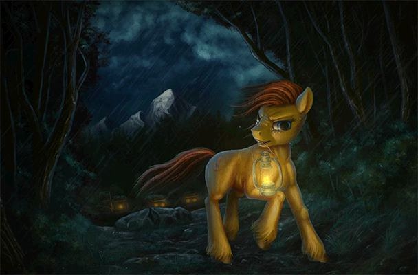 Size: 608x400 | Tagged: safe, artist:bra1neater, artist:equum_amici, oc, oc only, oc:tracy swift, animated, cinemagraph, forest, gif, houses, lantern, lightning, mountain, mouth hold, particle effects, rain, solo, storm, thunderbolt, unshorn fetlocks, wet mane