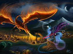 Size: 6000x4500 | Tagged: safe, artist:duskie-06, character:princess luna, species:alicorn, species:dragon, species:pony, absurd resolution, crossover, female, fire, fire breath, lightsaber, mare, night, star wars, weapon