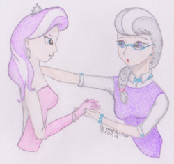 Size: 1143x1073 | Tagged: safe, artist:marta4708, character:diamond tiara, character:silver spoon, species:human, clothing, dress, humanized, older, older diamond tiara, older silver spoon, traditional art