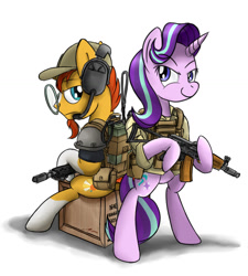 Size: 1024x1139 | Tagged: safe, artist:buckweiser, character:starlight glimmer, character:sunburst, species:pony, ship:starburst, aks-74u, assault rifle, bipedal, clothing, duo, glasses, goatee, gun, hat, headset, hoof hold, partners, rifle, shipping, sig-552, simple background, sitting, socks (coat marking), weapon, white background