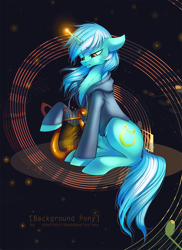 Size: 728x1000 | Tagged: safe, artist:limreiart, character:lyra heartstrings, fanfic:background pony, chest fluff, clothing, dig the swell hoodie, female, fluffy, glowing horn, hoodie, lyre, sad, solo