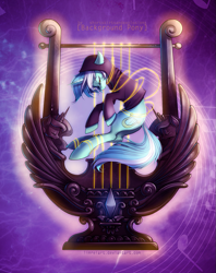 Size: 791x1000 | Tagged: safe, artist:limreiart, character:lyra heartstrings, species:pony, species:unicorn, fanfic:background pony, clothing, female, hoodie, lyre, mare, sad, solo, squint, tangled up