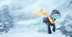 Size: 1000x507 | Tagged: safe, artist:limreiart, character:lyra heartstrings, fanfic:background pony, clothing, dig the swell hoodie, female, hoodie, raised hoof, sad, scarf, snow, solo, wind