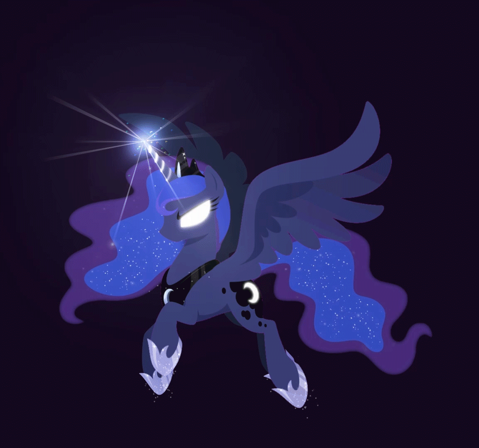 Size: 962x900 | Tagged: safe, artist:equum_amici, artist:hexfloog, character:princess luna, species:alicorn, species:pony, animated, cinemagraph, cutie mark, female, glowing eyes, glowing horn, horn, jewelry, magic, regalia, simple background, solo, spread wings, wings