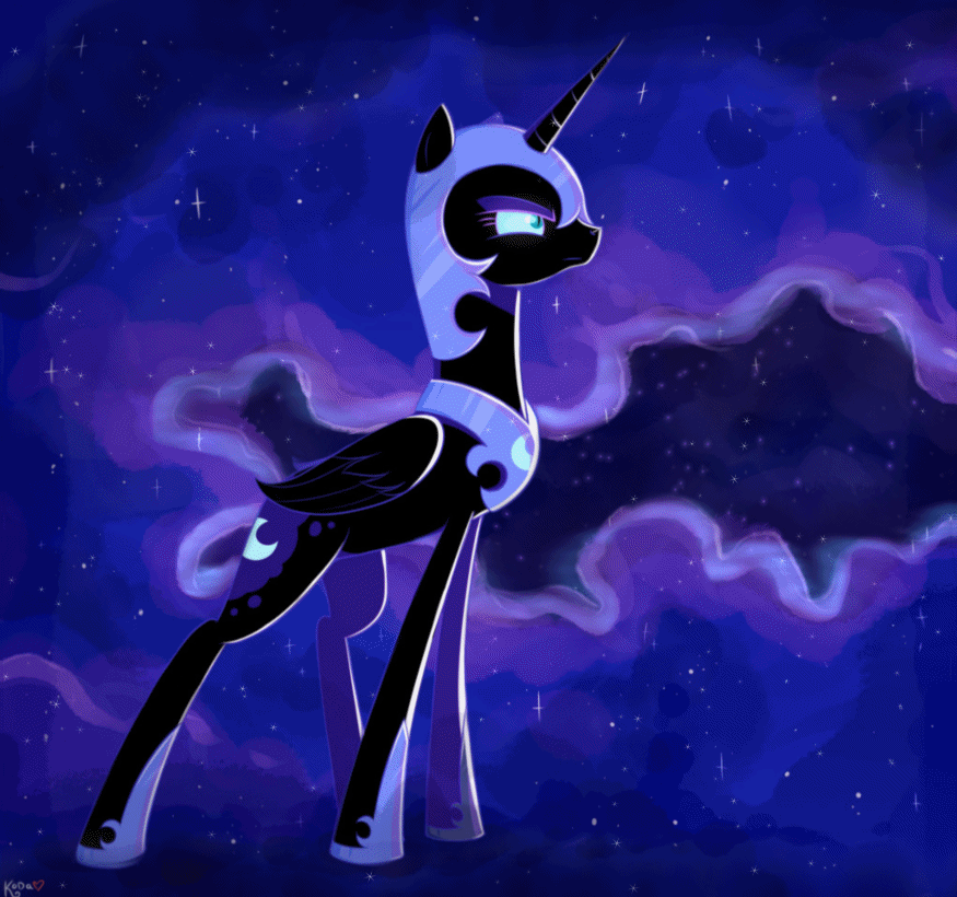 Size: 875x820 | Tagged: safe, artist:equum_amici, artist:kodabomb, character:nightmare moon, character:princess luna, animated, cinemagraph, ethereal mane, female, night, pose, solo, stars