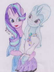Size: 894x1200 | Tagged: safe, artist:marta4708, character:starlight glimmer, character:trixie, ship:startrix, female, lesbian, semi-anthro, shipping, traditional art