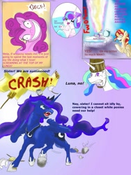 Size: 775x1032 | Tagged: safe, artist:firimil, character:pinkie pie, character:princess celestia, character:princess flurry heart, character:princess luna, character:sunset shimmer, species:alicorn, species:pony, alicornified, clothing, comic, fanfic art, hat, headbucket, race swap, shimmercorn, sunset shimmer is mad about everything