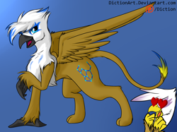 Size: 1280x959 | Tagged: safe, artist:diction, character:gilda, oc, oc:orion, species:griffon, canon x oc, female, gildarion, griffonized, heart eyes, male, patreon, patreon logo, shipping, species swap, straight, wingding eyes