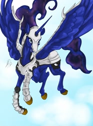 Size: 1820x2450 | Tagged: safe, artist:firimil, character:princess luna, armor, female, flying, solo, wing armor
