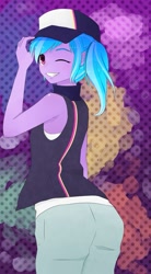 Size: 663x1205 | Tagged: safe, artist:chiweee, character:azure velour, episode:the saddle row review, g4, my little pony: friendship is magic, my little pony:equestria girls, ass, clothing, female, grin, hat, looking back, side ponytail, solo, wink