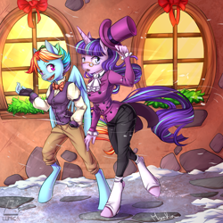 Size: 800x800 | Tagged: safe, artist:moenkin, character:rainbow dash, character:snowfall frost, character:starlight glimmer, species:anthro, species:pegasus, species:unguligrade anthro, species:unicorn, episode:a hearth's warming tail, g4, my little pony: friendship is magic, clothing, female, hat, mare, open mouth, signature, snow, snowdash, snowfall, windswept mane