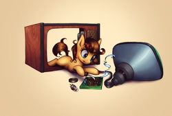 Size: 1078x728 | Tagged: safe, artist:asimos, oc, oc only, oc:maytee, species:earth pony, species:pony, crt monitor, fixing, lying down, pcb, prone, simple background, soldering, soldering iron, solo, sploot, television, tongue out