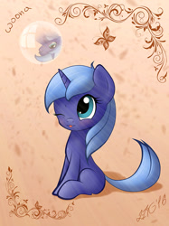 Size: 833x1111 | Tagged: safe, artist:zigword, character:princess luna, bubble, butterfly, cute, female, filly, lunabetes, missing wing, reflection, solo, unicorn luna, wingless, woona