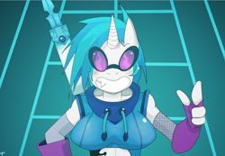 Size: 884x610 | Tagged: safe, artist:traupa, character:dj pon-3, character:vinyl scratch, species:anthro, female, solo, sword, weapon