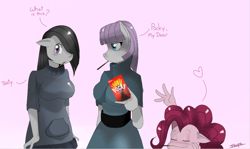 Size: 848x504 | Tagged: safe, artist:traupa, character:marble pie, character:maud pie, character:pinkie pie, species:anthro, breasts, busty marble pie, busty maud pie, female, food, pocky