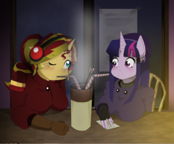 Size: 746x614 | Tagged: safe, artist:traupa, character:sunset shimmer, character:twilight sparkle, species:anthro