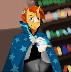 Size: 784x792 | Tagged: safe, artist:traupa, character:sunburst, species:anthro, magic, male, smiling, smirk, solo