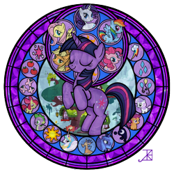 Size: 720x720 | Tagged: safe, artist:akili-amethyst, character:apple bloom, character:applejack, character:discord, character:fluttershy, character:pinkie pie, character:princess celestia, character:princess luna, character:rainbow dash, character:rarity, character:scootaloo, character:spike, character:sweetie belle, character:twilight sparkle, species:dragon, species:pegasus, species:pony, species:unicorn, cutie mark, cutie mark crusaders, dive to the heart, eyes closed, female, kingdom hearts, mane seven, mane six, mare, rearing, stained glass, station of awakening