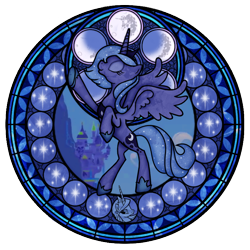 Size: 720x720 | Tagged: safe, artist:akili-amethyst, character:princess celestia, character:princess luna, species:alicorn, species:pony, dive to the heart, eyes closed, female, kingdom hearts, mare, princess, raised hoof, rearing, s1 luna, stained glass