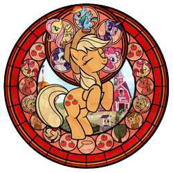 Size: 720x720 | Tagged: safe, artist:akili-amethyst, character:apple bloom, character:applejack, character:big mcintosh, character:braeburn, character:fluttershy, character:granny smith, character:pinkie pie, character:rainbow dash, character:rarity, character:twilight sparkle, species:earth pony, species:pony, dive to the heart, eyes closed, female, kingdom hearts, male, mare, rearing, stained glass, stallion