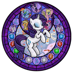 Size: 720x720 | Tagged: safe, artist:akili-amethyst, character:applejack, character:fluttershy, character:pinkie pie, character:rainbow dash, character:rarity, character:sweetie belle, character:twilight sparkle, species:pony, species:unicorn, dive to the heart, female, kingdom hearts, mare, rearing, stained glass