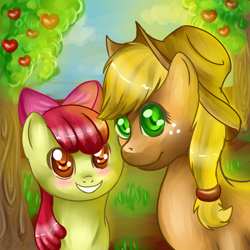 Size: 992x992 | Tagged: safe, artist:ghst-qn, artist:schasti, character:apple bloom, character:applejack, species:earth pony, species:pony, apple, apple bloom's bow, apple tree, applejack's hat, blushing, bow, clothing, cowboy hat, female, filly, food, grin, hair bow, hat, looking at you, mare, sisters, smiling, tree