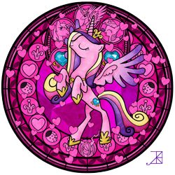 Size: 1600x1600 | Tagged: safe, artist:akili-amethyst, character:princess cadance, character:princess celestia, character:queen chrysalis, character:shining armor, character:twilight sparkle, species:alicorn, species:pony, dive to the heart, eyes closed, female, kingdom hearts, ladybug, mare, princess, rearing, stained glass
