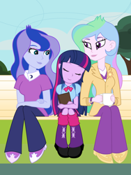 Size: 2736x3648 | Tagged: safe, artist:famousmari5, character:princess celestia, character:princess luna, character:principal celestia, character:twilight sparkle, character:twilight sparkle (alicorn), character:vice principal luna, my little pony:equestria girls, bench, book, clothing, cup, cute, eyes closed, momlestia fuel, sitting, skirt, sleeping, smiling, sweet dreams fuel, that pony sure does love celestia, twiabetes, vice principal luna
