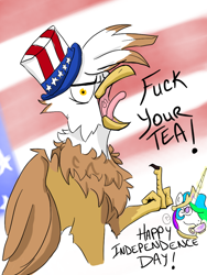 Size: 768x1024 | Tagged: safe, artist:firimil, character:princess celestia, oc, species:griffon, 4th of july, american flag, american independence day, clothing, flag, food, hat, independence day, murica, patriotic, tea, vulgar, yelling, yelling bird