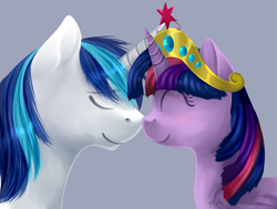 Size: 1148x866 | Tagged: safe, artist:ghst-qn, character:shining armor, character:twilight sparkle, character:twilight sparkle (alicorn), species:alicorn, species:pony, boop, brother and sister, element of magic, elements of harmony, eyes closed, jewelry, noseboop, nuzzling, regalia, smiling